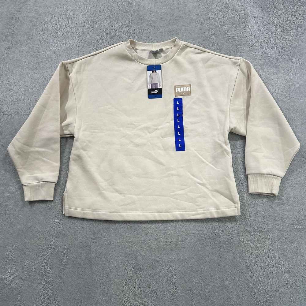 NWT Puma Sweatshirt Women's L Cream Fleece Pullover Crewneck Cotton Lounge